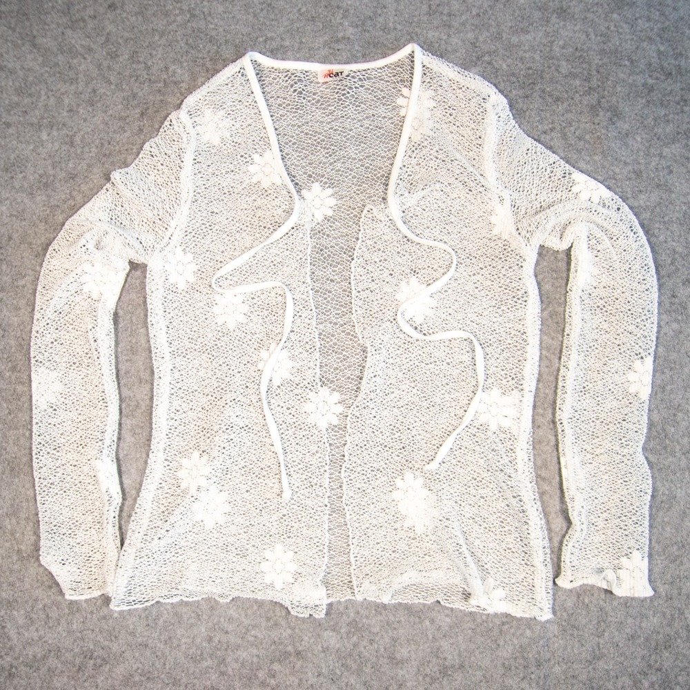 Vtg 90s Wildcat USA Crochet Floral Cardigan Tie Front Sheer Top White Coquet XS